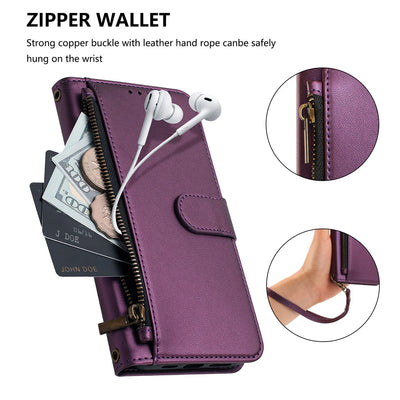 Zipper pocket holding cash, cards and earbuds on the Galaxy A wallet case with wrist strap