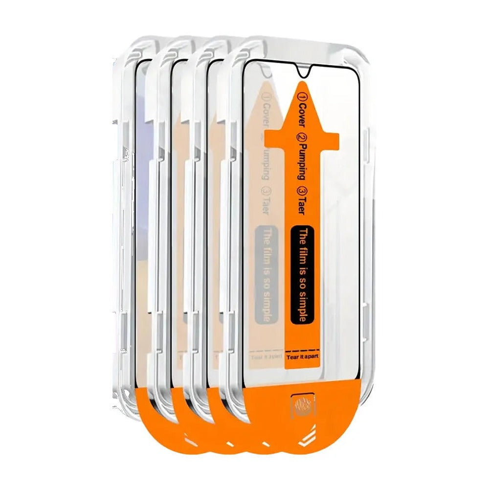 Four tempered glass screen protectors in orange install frames for Google Pixel 11 to 6A